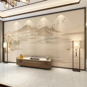 新中式山水硬包客厅电视沙发背景墙2023新款水墨画影视床头玄关画