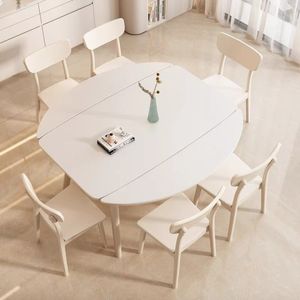 白色实木岩板可伸缩餐桌方圆两用奶油风折叠圆桌小户型2024年新款