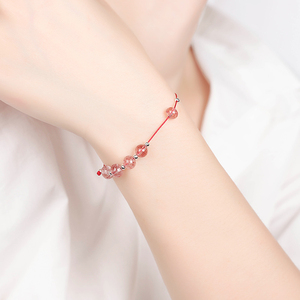 草莓粉色可爱水晶桃花运银珠s925纯银红绳手链手工编织手串礼物女