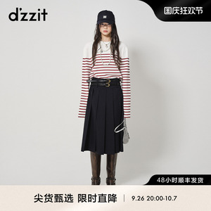 dzzit地素条纹长袖T恤春秋专柜新款复古红色卫衣设计感小众女