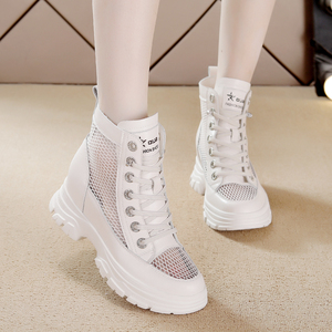 透气网面高帮鞋女2022年春夏新款百搭厚底时尚真皮休闲内增高短靴