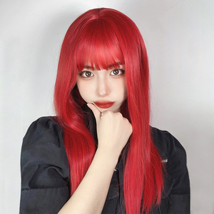 lolita假发女长发日常cos酒红色长直发自然逼真全头套式中长发型
