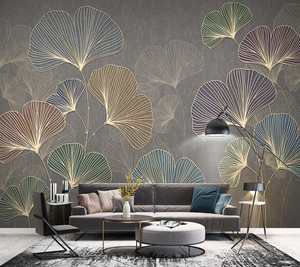现代简约轻奢手绘银杏叶植物叶子抽象线条电视背景墙客厅壁画墙纸