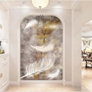 北欧抽象线条金色羽毛玄关背景墙现代简约走廊过道进门墙纸壁画