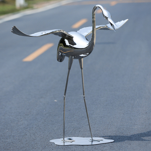 镜面不锈钢仙鹤雕塑户外火烈鸟丹顶鹤水池草坪艺术金属摆件润福