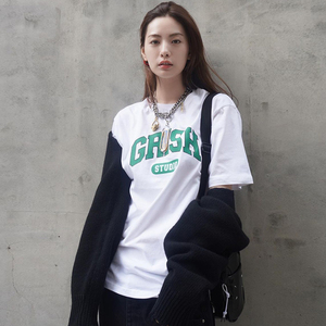 2021夏新款林珍娜明星同款t恤韩版街头白色字母宽松圆领短袖上衣