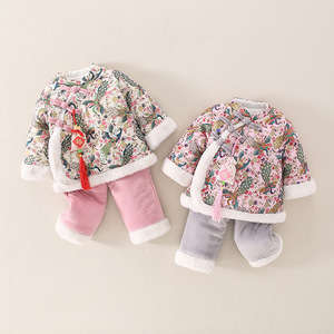 婴儿冬装套装东北碎花棉衣幼童加绒加厚两件套宝宝拜年服国风衣服