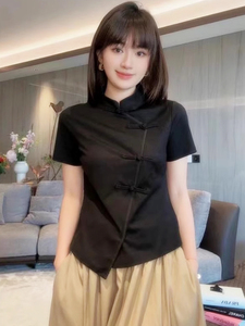 新中式国风短袖衬衫女夏季改良旗袍唐装盘扣立领设计感不规则上衣