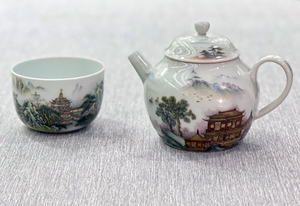它山窑柴烧景德镇陶瓷手绘粉彩山水茶具套装复古风礼盒装精品茶壶