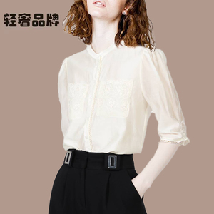 朗姿兰专柜正品国内代购蕾丝口袋高级感衬衫女时尚设计感修身衬衣