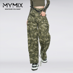 MYMIX我的组合新青年冬季新款女装潮牌迷彩绿军装风直筒休闲长裤