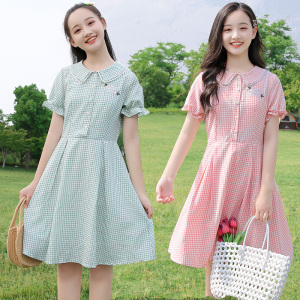 初中女生夏天格子连衣裙女大童12岁13初一学生装甜美夏季衣服裙子