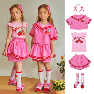 韩国ins女童装BE2024夏季学院风粉色海军短袖T恤可爱裙裤儿童套装