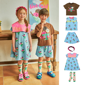韩国ins童装夏季新款韩版儿童冰淇淋蓝色连衣裙咖啡色T恤短裤套装