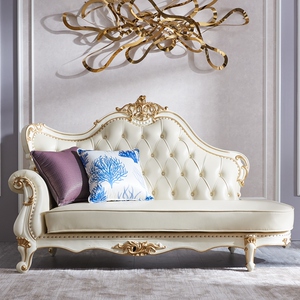 欧米克 欧式实木轻奢真皮贵妃椅沙发 法式贵妃榻新古典别墅家具