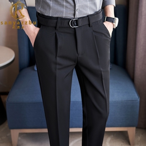 商务休闲高端西裤男九分腰带修身职场正装西装裤子男士高档黑色裤