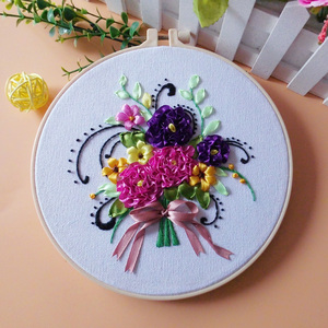 小款花束丝带绣摆台圆形 手工立体刺绣diy材料包绣花布艺装饰摆件