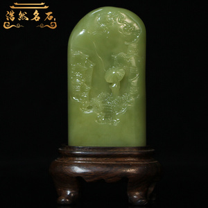 台湾回流寿山石天然正宗孤品善伯艾叶绿烟雨江南美女撑伞浮雕印章