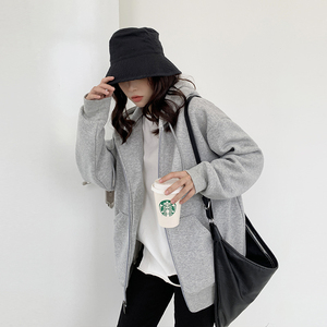 灰色卫衣外套女春秋拉链2021新款连帽开衫秋季宽松bf慵懒风bm早秋