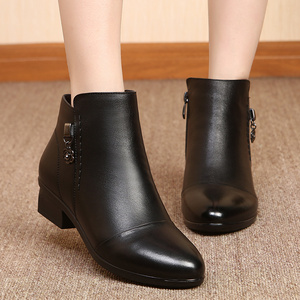 织丽靴子中年女士真皮大码加绒保暖中老年低跟棉鞋秋冬单靴妈妈鞋