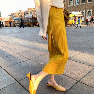 修身压褶裙黄色半身裙女夏季薄款雪纺中长款百褶裙包臀直筒长裙子