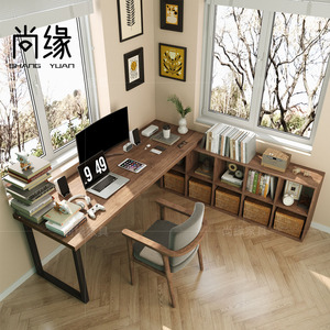 实木转角书桌书柜一体组合 书房l型大板办公桌家用拐角双人电脑桌
