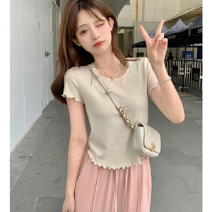 木耳边短袖t恤女夏圆领温柔甜美少女氛围感百搭短款纯欲正肩上衣