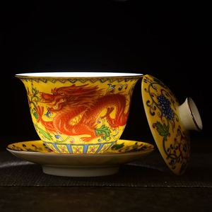 龙纹皇帝茶碗珐琅彩盖碗茶杯陶瓷茶具古代龙凤功夫泡茶三才茶碗