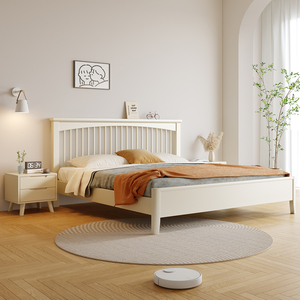 北欧白色实木床1.5m1.8米现代简约奶油风格单双人床民宿家具