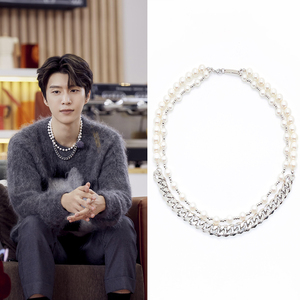 范丞丞同款潮流珍珠拼接古巴链男女双层圆珠项链情侣个性嘻哈锁骨