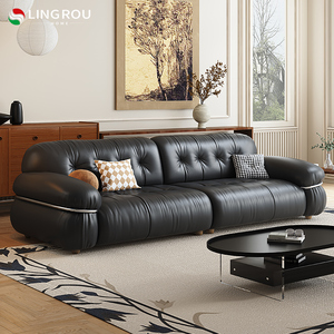 灵柔法式复古风黑色真皮沙发客厅2024新款小户型直排中古钢圈沙发