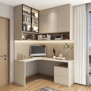 简约现代转角书架电脑桌台式家用学习桌拐角柜轻奢书桌书柜一体桌