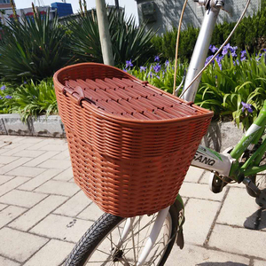 自行车前车车篮子车篓小号塑料仿藤复古菜篮通用带盖车筐电动