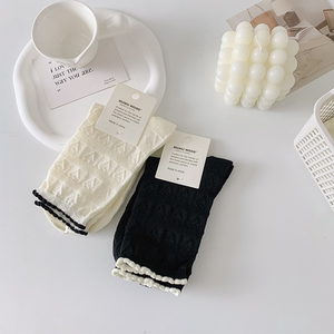 白色袜子女中筒袜春夏秋季ins潮日系简约百搭纯色爱心花边堆堆袜