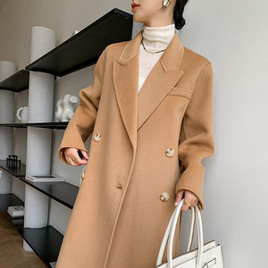 气质修身中长款西装领双面羊绒大衣外套女赫本风秋冬新款纽扣毛呢