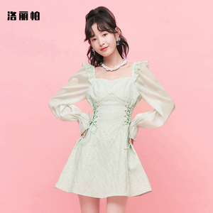 洛丽帕法式收腰显瘦绿色连衣裙女装春夏温柔初恋气质高级方领裙子