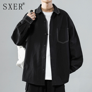 缉明线长袖衬衫男高级感春秋季新款上衣痞帅衬衣日系外套潮牌男装