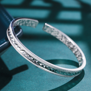 银宴9999纯银手镯女高级设计实心纹路浮雕镯子时尚可调节白银手环