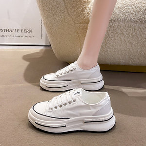 白色帆布鞋女2024新款夏季透气内增高小个子小白鞋厚底休闲运动鞋