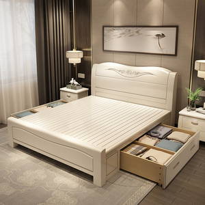 现代简约白色实木床主卧1.8米中式双人床1.5米经济型橡木储物婚床
