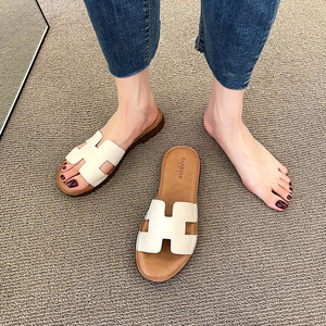 h拖鞋女夏外穿2022夏季新款真皮时尚平底防滑软底沙滩鞋一字凉拖