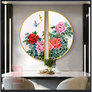 苏绣成品挂画半圆形双拼新中式客厅玄关装饰画真丝苏州纯手工刺绣