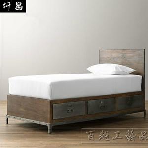 仟昌 美式复古铁艺床双人床1.8米1.5米 做旧实木床单人床头柜组合