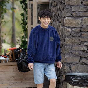 原版向往的生活6何炅同款卫衣圆领拼接纯色长袖上衣男衣服短裤潮