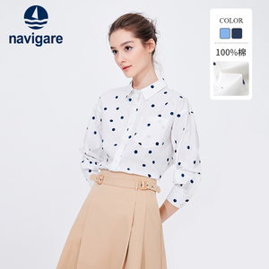 [纯棉]Navigare意大利小帆船波点长袖衬衫女春季白色宽松印花衬衣