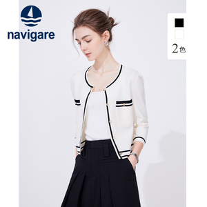 Navigare意大利小帆船白色小香风休闲针织开衫女春季短款毛衣外套