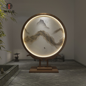 新中式实木带灯屏风装饰客厅酒店茶室圆形隔断进门玄关团圆座屏