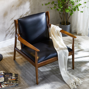 日式简约扶手靠背椅 北欧单人实木真皮沙发椅 小户型客厅休闲椅子