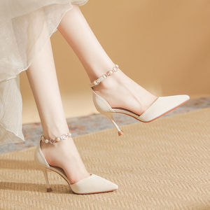 白色脚环高跟鞋斩男一字带2022春夏季新款尖头细跟单鞋气质名媛秋