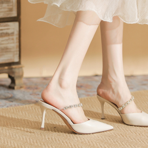 凉鞋女夏2022新款尖头白色高跟鞋细跟包头半拖鞋时尚外穿仙女温柔